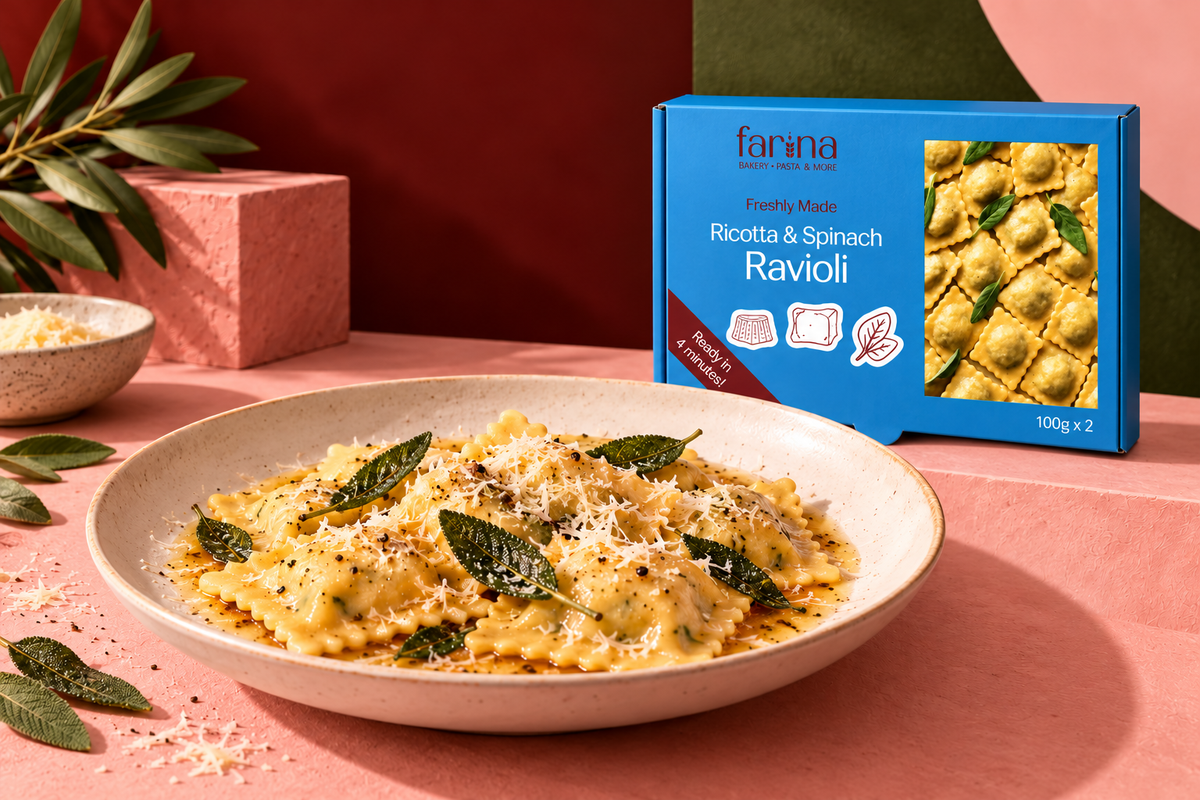 Ricotta and spinach ravioli with butter, sage and Parmesan