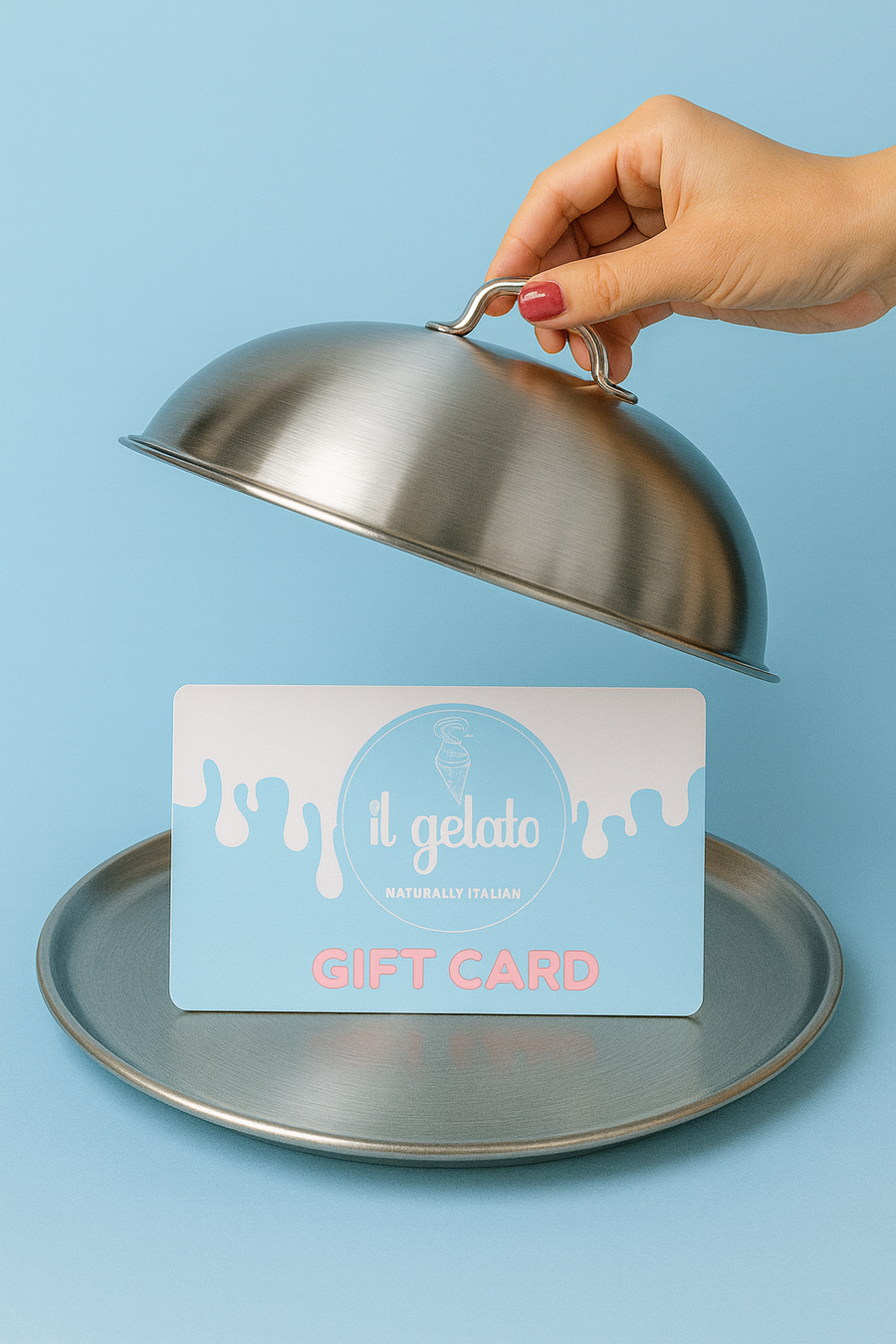 Il Gelato gift card presented under a silver cloche